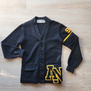 Vintage Albion Knit 100% Virgin Wool Letterman Cardigan Pocket Black Unisex